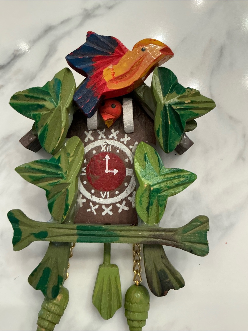 Hand-Painted Miniature Wooden Bird Cuckoo Wall Decor in Green & Red